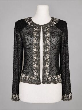 Vintage Stenay Sheer Silk Black Silver Beaded Evening Jacket 6 Embroidery Floral